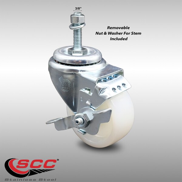 3 Inch SS Nylon Wheel Swivel 3/8 Inch Threaded Stem Caster with Brake SCC